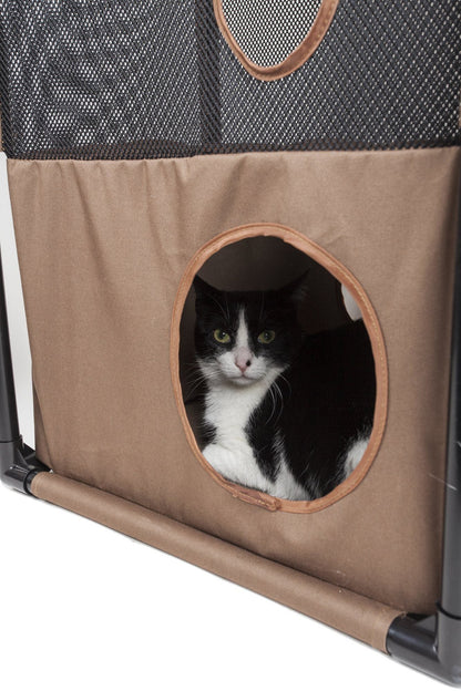 Kitty-Square Collapsible Travel Cat Tree for Active Felines by Pet Life: Tuxedo cat in brown fabric and mesh house.