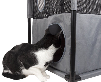 Kitty-Square Collapsible Travel Cat Tree for Active Felines: Black & white cat entering grey mesh Pet Life furniture.
