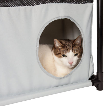 Kitty-Square Collapsible Travel Cat Tree for Active Felines: Tabby cat in a grey fabric condo with mesh by Pet Life.
