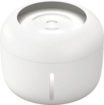 White plastic Purrfect Pet Kingdom water fountain with a sleek round design and vertical water level window.