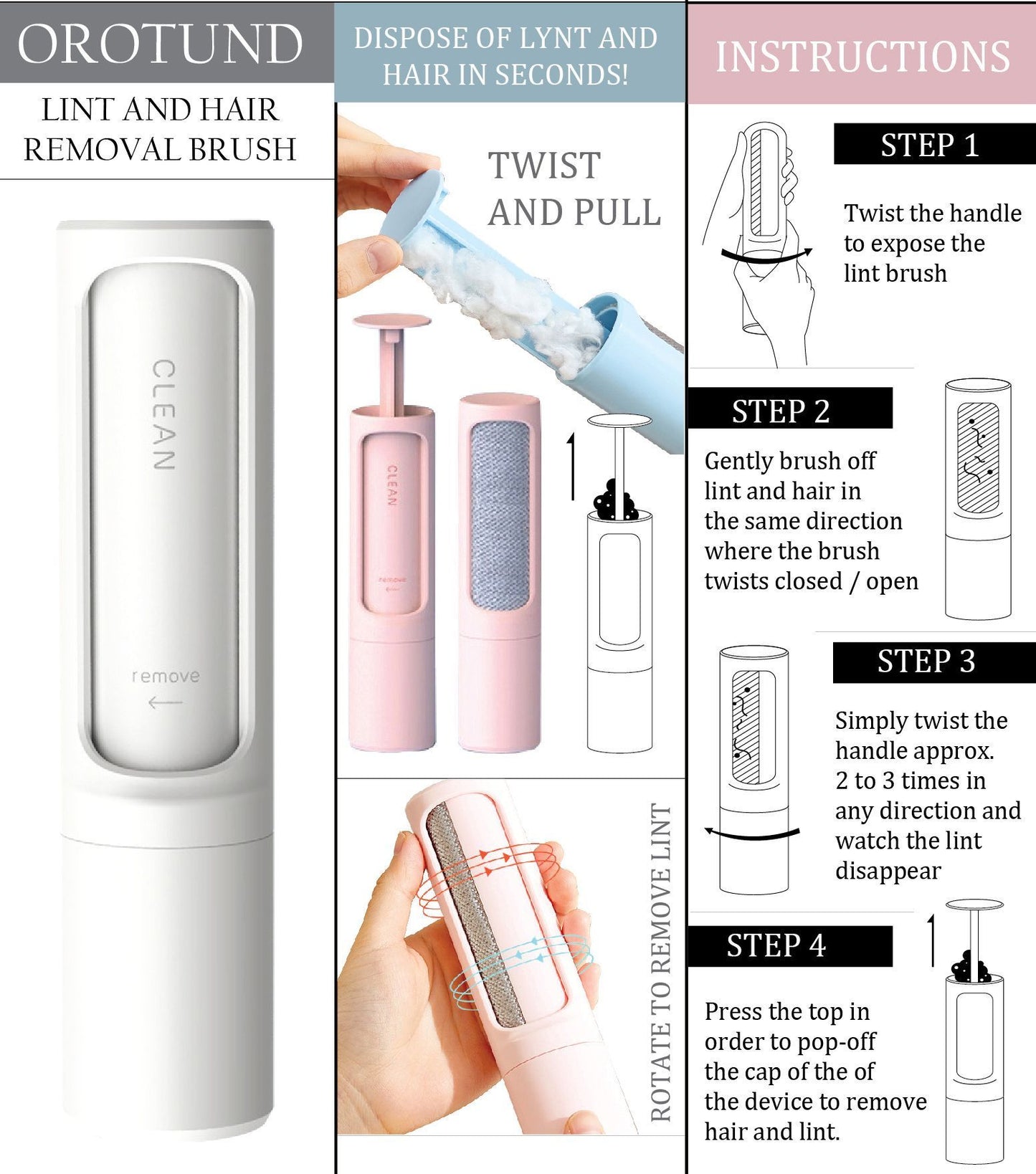 Pet Life Orotund self-cleaning lint brush in pink, white & blue. Shows cylindrical design and twist-to-clean steps.