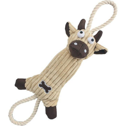Tan corduroy plush cow dog toy with dark brown accents and natural jute rope loops for tugging.