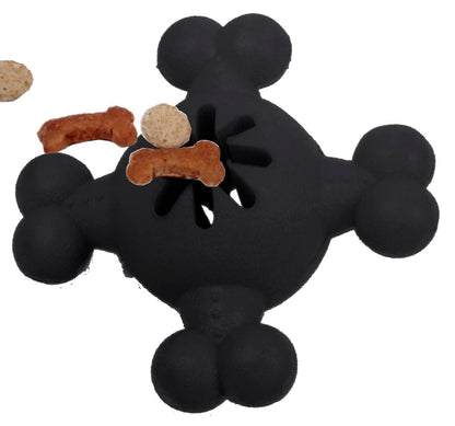 Black TPR Quadra-Bone dog toy with a central star-shaped opening for dispensing treats. From Pet Life.