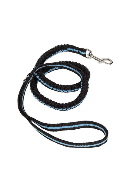 Pet Life Retract-A-Wag black dog leash with light blue stripe, shock-absorbing bunched nylon, and metal clasp.