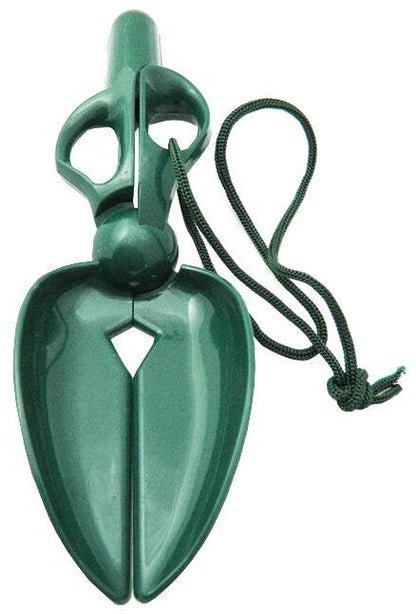 Pet Life dark green plastic scissor-style pooper scooper with finger-loop handles and attached carrying lanyard.