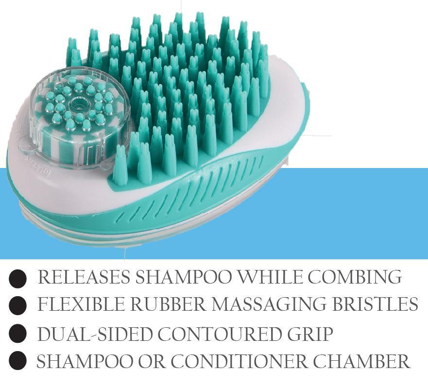 Pet Life Swasher teal and white shampoo dispensing brush with rubber massaging bristles and contoured grip.