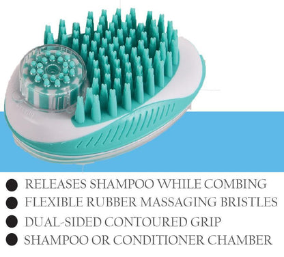 Pet Life Swasher teal and white shampoo dispensing brush with rubber massaging bristles and contoured grip.