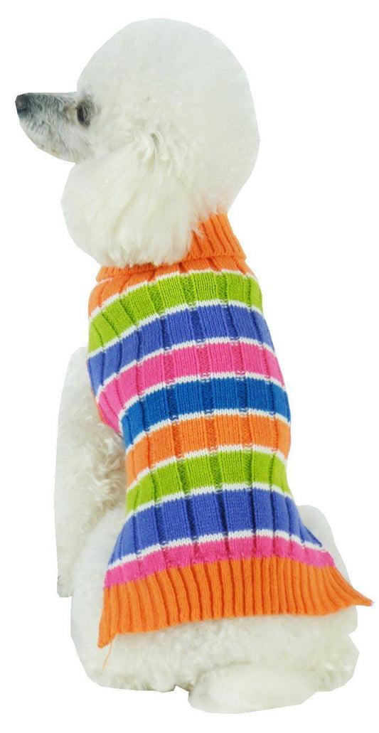 Pet Life ® 'Tutti-Beauty' Rainbow Heavy Cable Knitted Ribbed Designer Turtle Neck Dog Sweater
