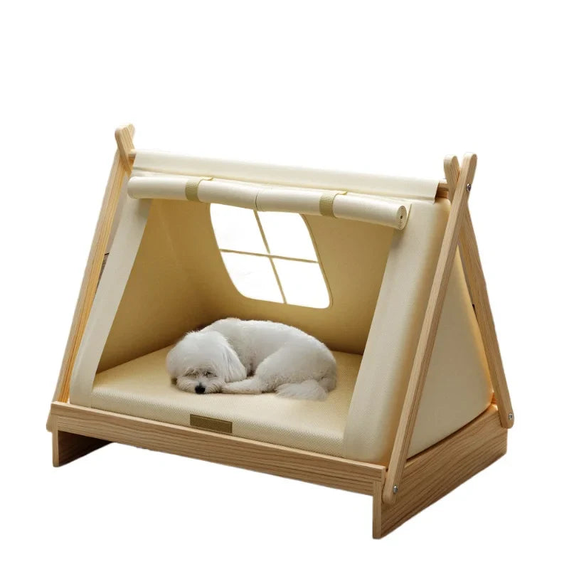 Tent style elevated dog bed by Tail Chasers with a cozy interior for small dogs to rest comfortably