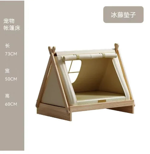Tent style elevated dog bed by Tail Chasers with a wooden frame and cozy interior for comfortable naps