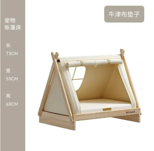 Tent style elevated dog bed from Tail Chasers with wooden frame and cozy, canvas tent design