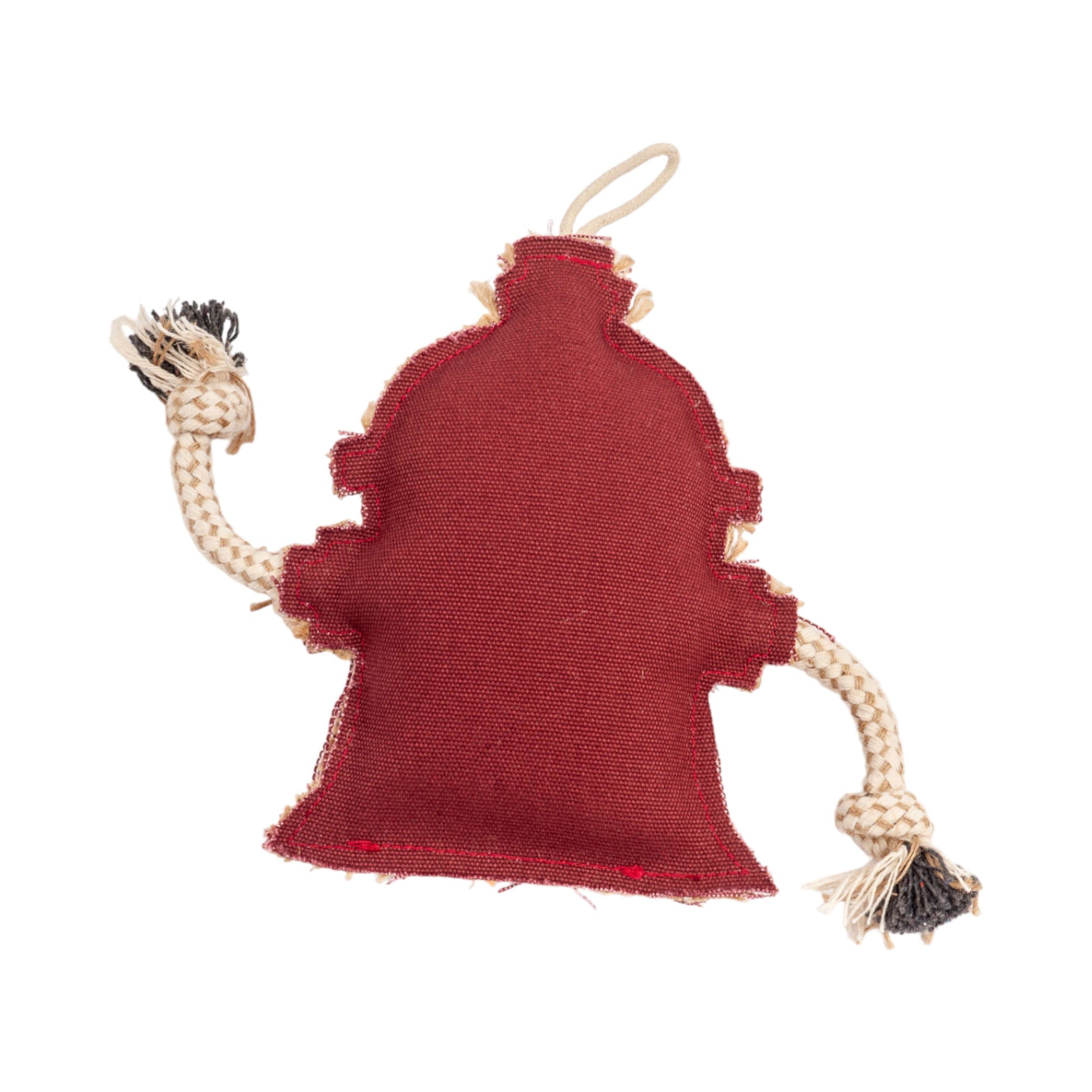 Pet safe jute chew toy for dogs shaped like a fire hydrant with durable rope ends