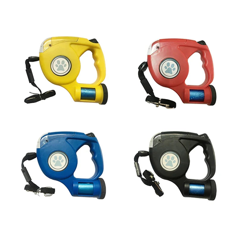 THRIXINE pet safety leash with light and waste bags in four colors: yellow, red, blue, and black.
