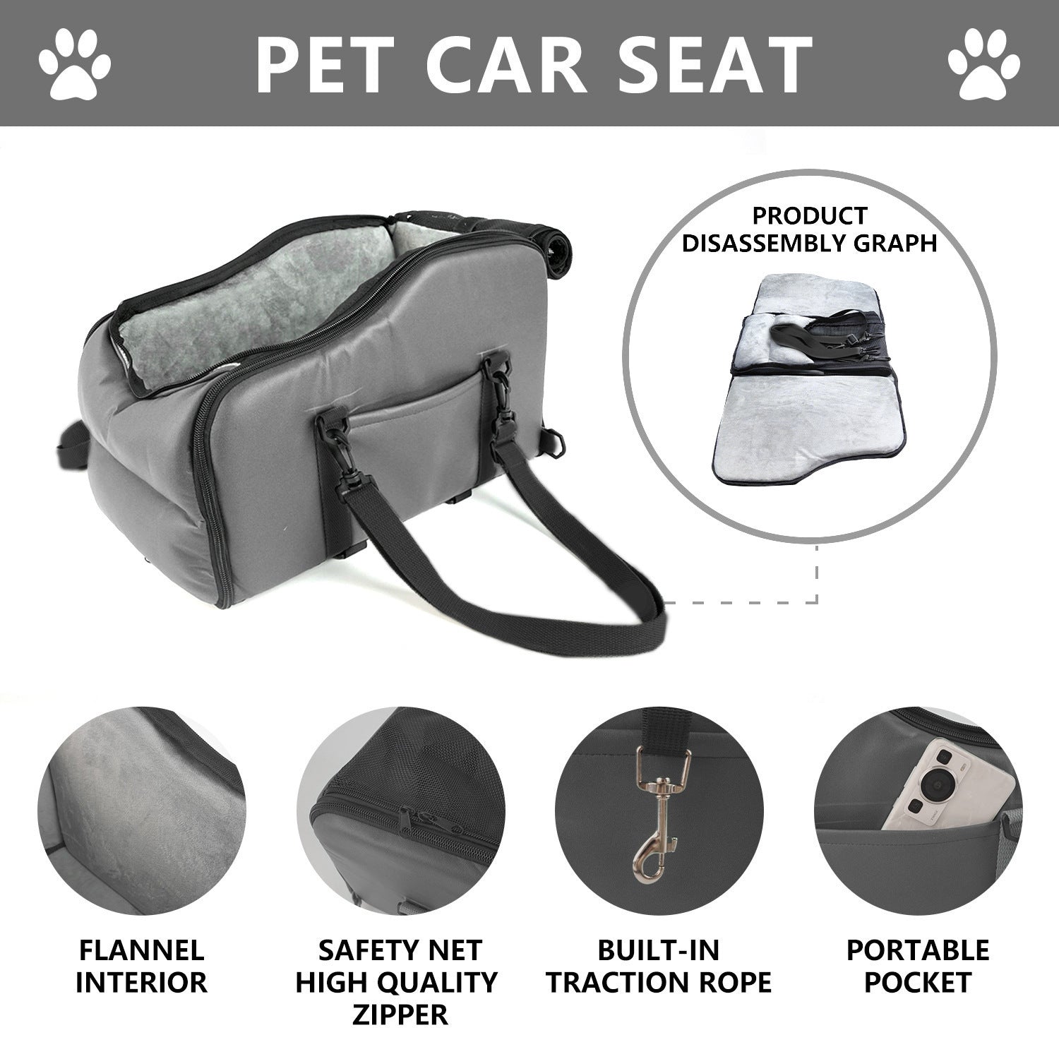 V.I.P Digital Presence pet safety seat for car featuring flannel interior and portable pocket