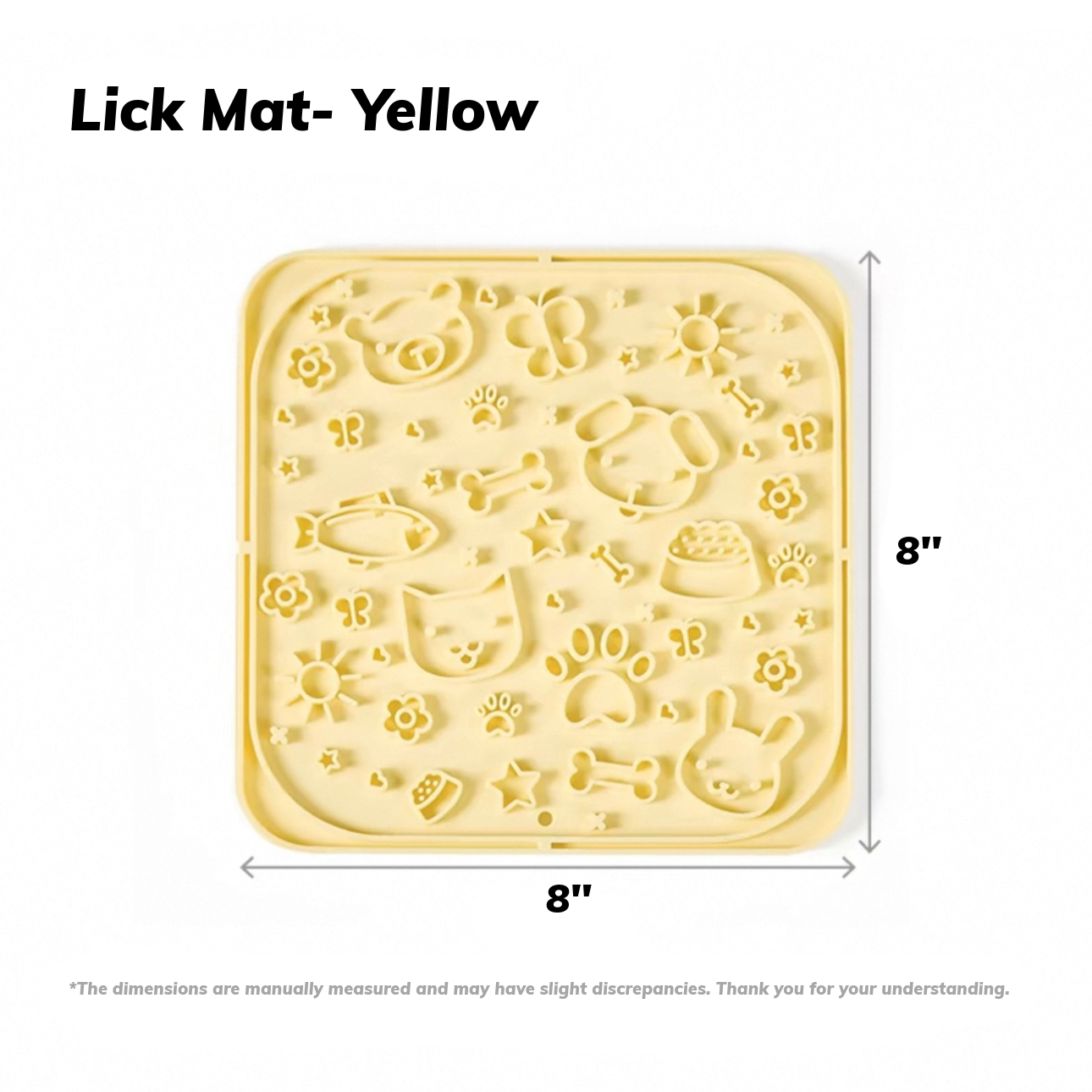 Yellow MangoPets Dog Lick Mat designed for slow feeding, featuring playful patterns and textures