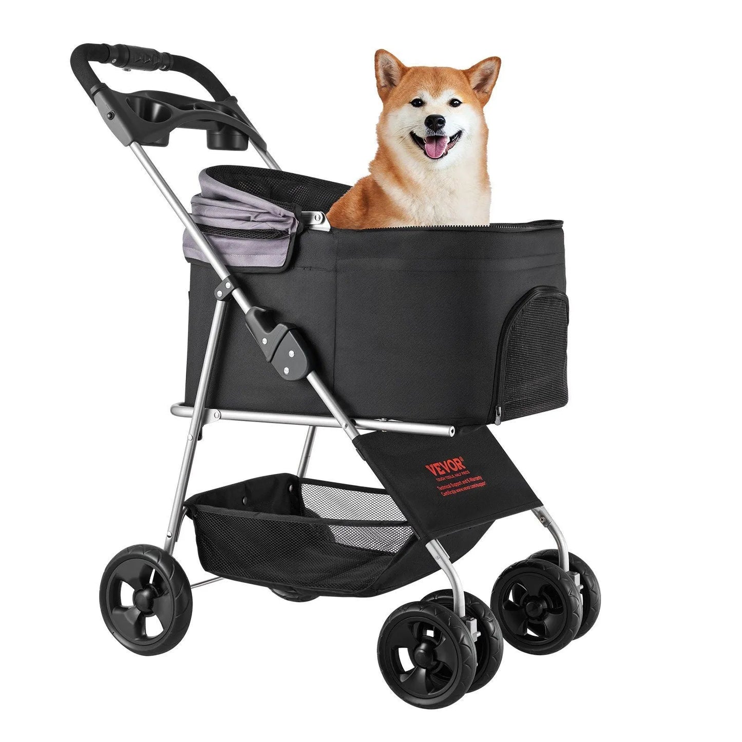 Berry Charmz Pet Stroller in vibrant color, foldable dog cart for pets up to 35 lbs, featuring 4 wheels and mesh windows.