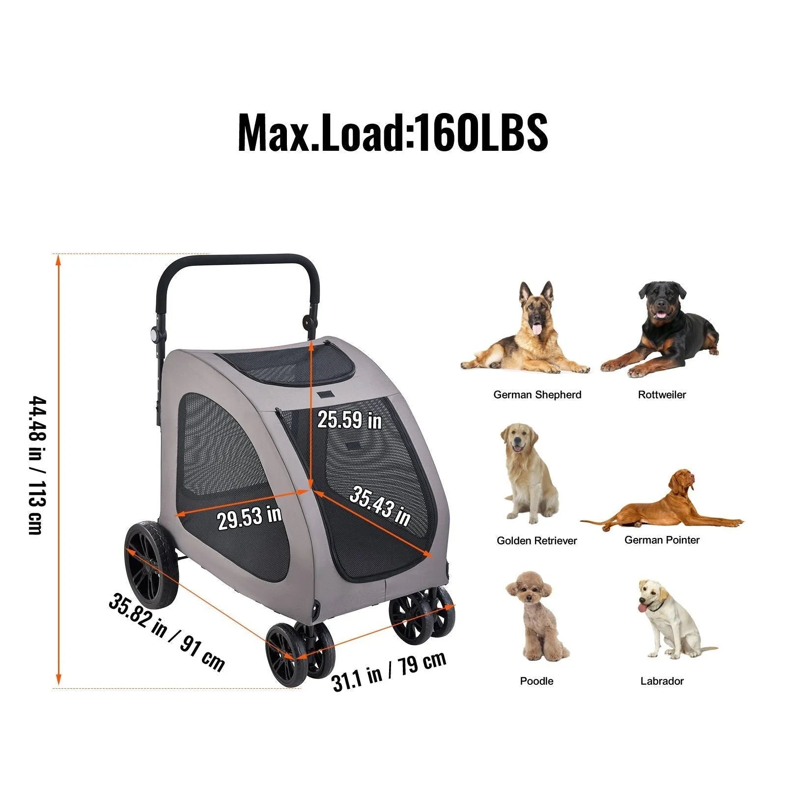 Berry Charmz 4-Wheels Dog Stroller Carrier in large size, supports pets up to 160lbs, ideal for cats and dogs.