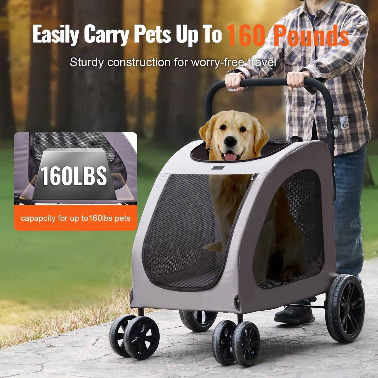 Berry Charmz 4-Wheels Dog Stroller Carrier in large size, supports up to 160lbs, perfect for pet travel and comfort.