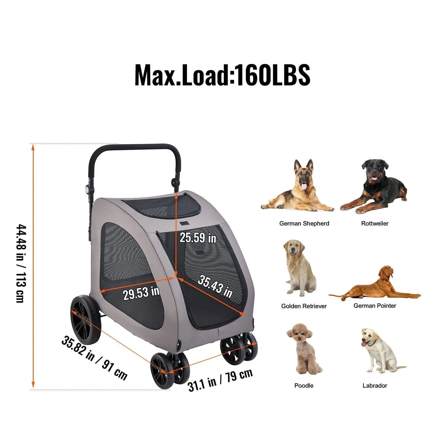 Berry Charmz 4-Wheel Pet Stroller Carrier for dogs and cats, large size, 160lbs capacity, perfect for comfortable outdoor ...