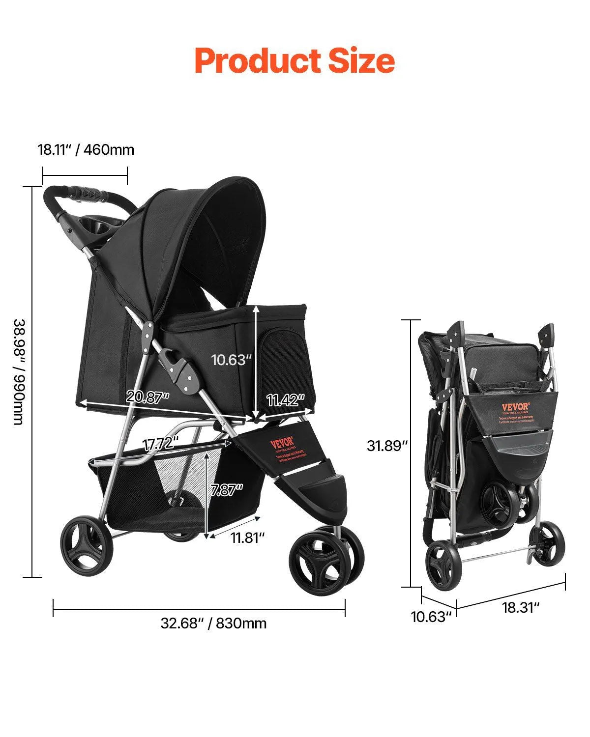 Foldable 3-wheels dog stroller by Berry Charmz, medium size, designed for pets up to 35lbs, featuring a brake for safety.