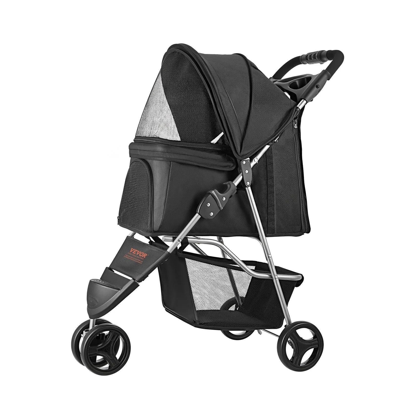 Foldable 3-wheels dog stroller by Berry Charmz, medium size, designed for pets up to 35lbs, featuring a brake for safety.