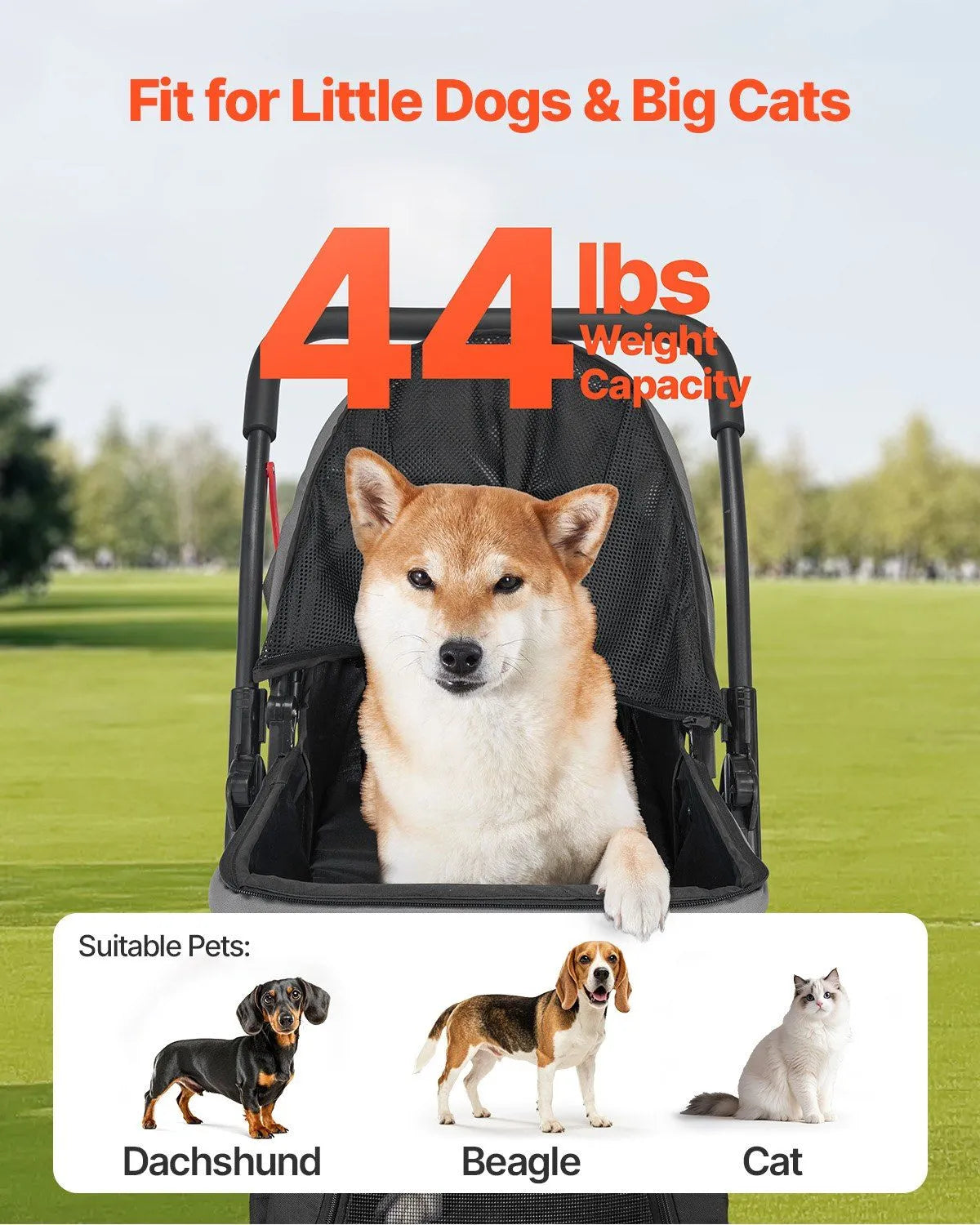Foldable Berry Charmz Pet Stroller with 4 wheels and reversible handle, suitable for dogs up to 44lbs, in a stylish design.