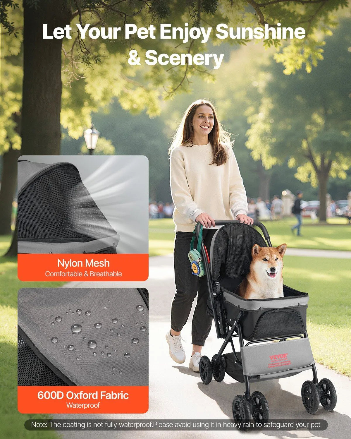 Foldable Berry Charmz Pet Stroller with 4 wheels and reversible handle, suitable for dogs up to 44lbs, in a stylish design.