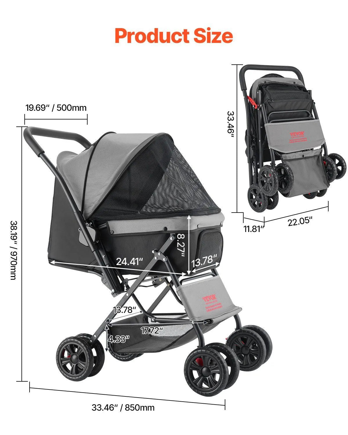 Foldable Berry Charmz Pet Stroller with 4 wheels, reversible handle, suitable for dogs up to 44 lbs, in medium size.