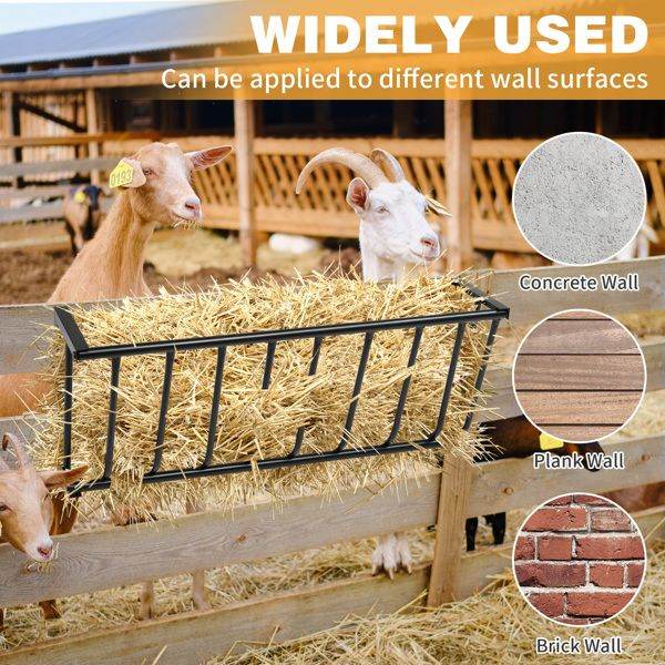 Pet travel car roof rack hay feeder mounted on wooden fence with goats eating hay
