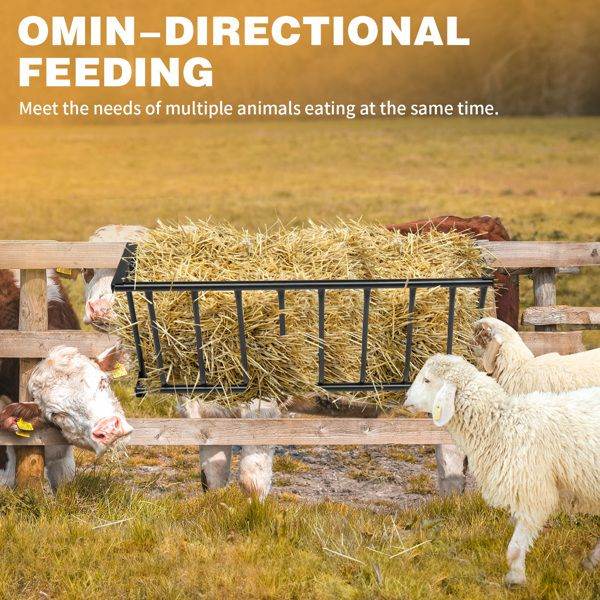 Farm animals eating hay from an omnidirectional feeder in a field with pet travel car roof rack text