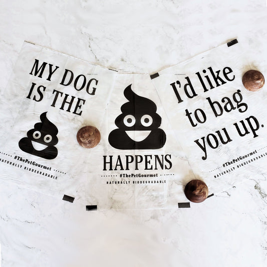 The Pet Gourmet pet waste bags refill rolls with fun dog-themed designs for easy cleanups