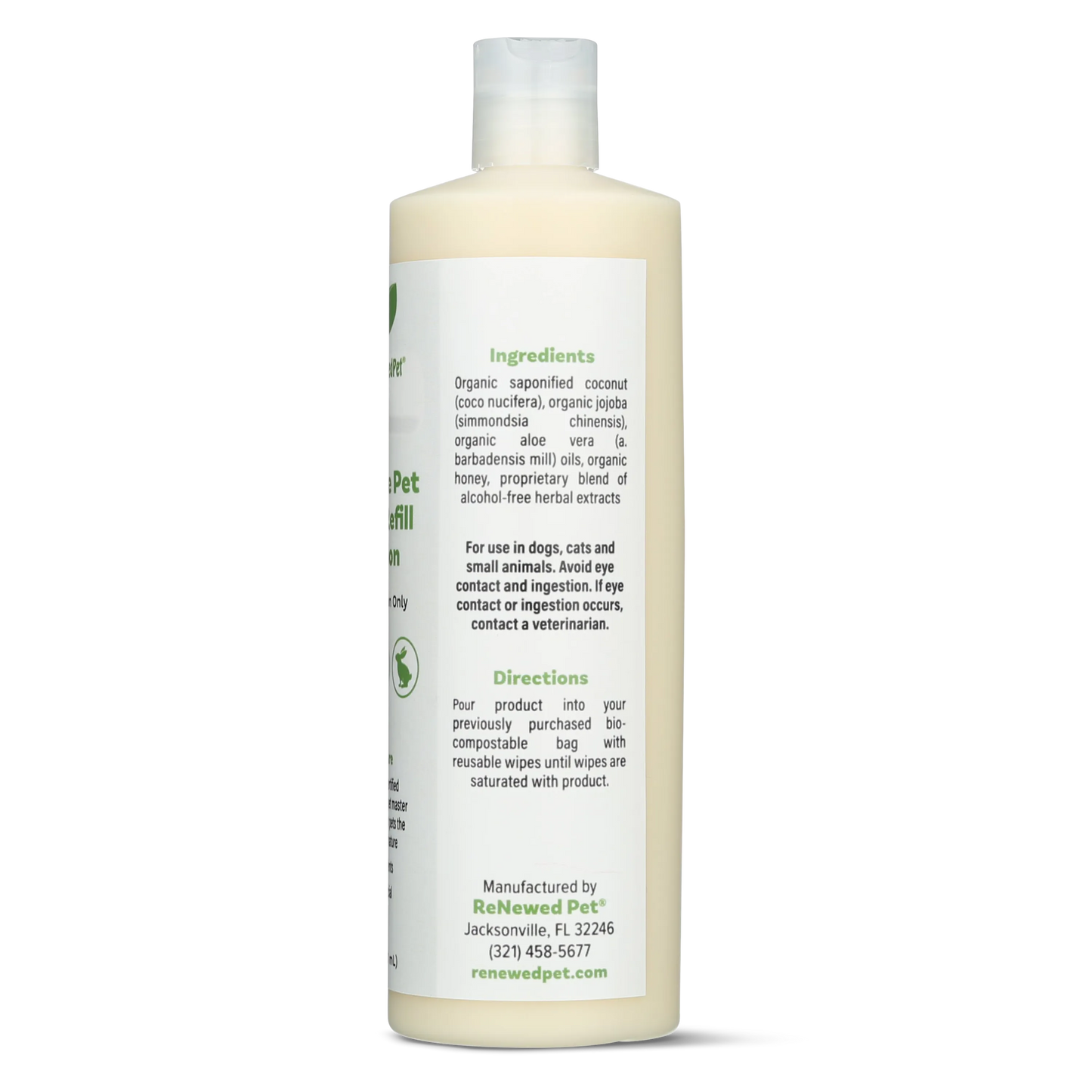 Natural cleansing Pet Wipes Solution Refill by ReNewedPet, available in 8 OZ, 16 OZ, and 32 OZ sizes, ideal for cats.