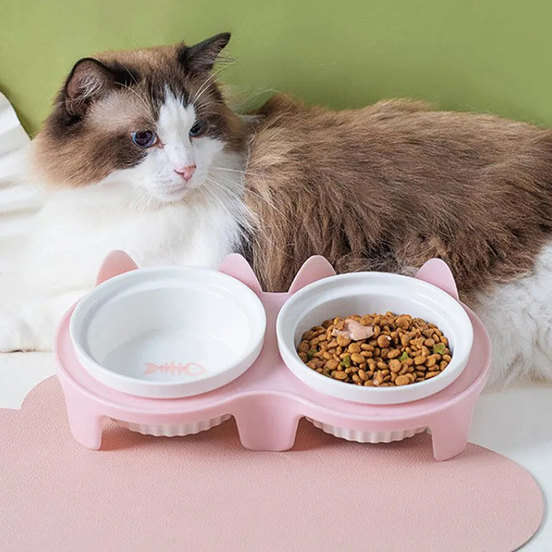 Pet Zen - Cat Bowl Ceramic Double Bowl Water Bowl Tall Diagonal Pet Bowl supplies - 0