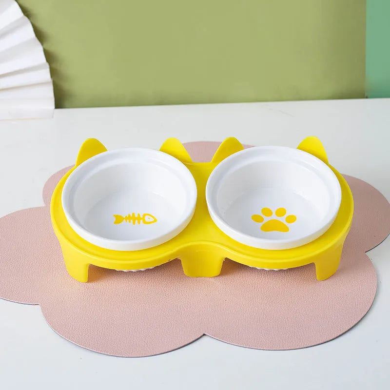 Pet Zen - Cat Bowl Ceramic Double Bowl Water Bowl Tall Diagonal Pet - 0