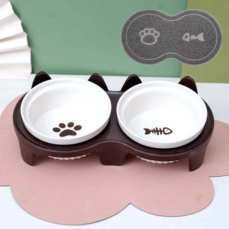 Pet Zen - Cat Bowl Ceramic Double Bowl Water Bowl Tall Diagonal Pet - 0