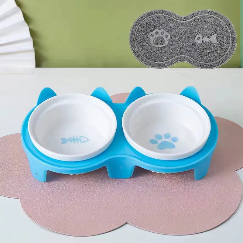 Pet Zen - Cat Bowl Ceramic Double Bowl Water Bowl Tall Diagonal Pet - 0