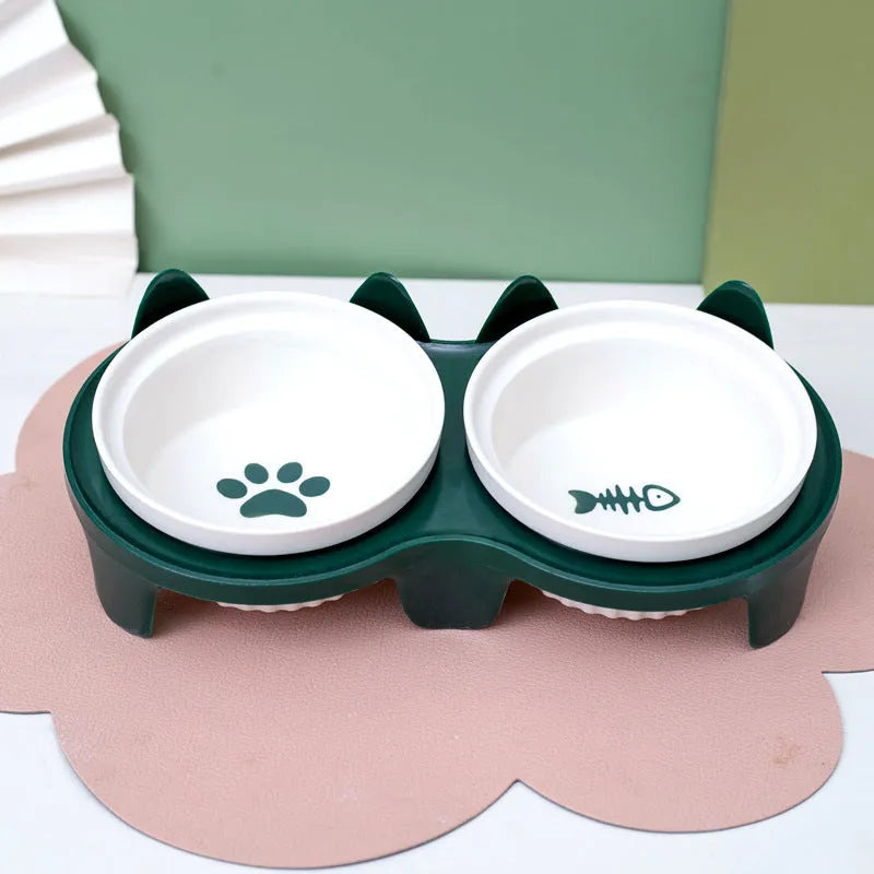 Pet Zen - Cat Bowl Ceramic Double Bowl Water Bowl Tall Diagonal Pet - 0