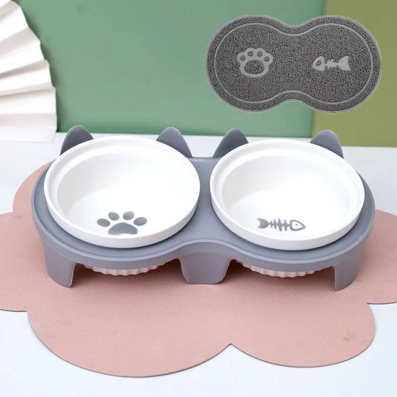 Pet Zen - Cat Bowl Ceramic Double Bowl Water Bowl Tall Diagonal Pet - 0
