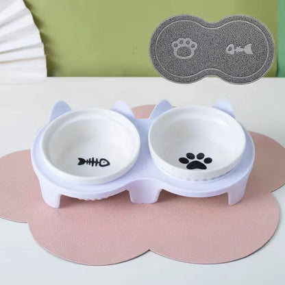 Pet Zen - Cat Bowl Ceramic Double Bowl Water Bowl Tall Diagonal Pet - 0