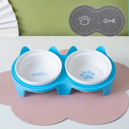Pet Zen - Cat Bowl Ceramic Double Bowl Water Bowl Tall Diagonal Pet - 0
