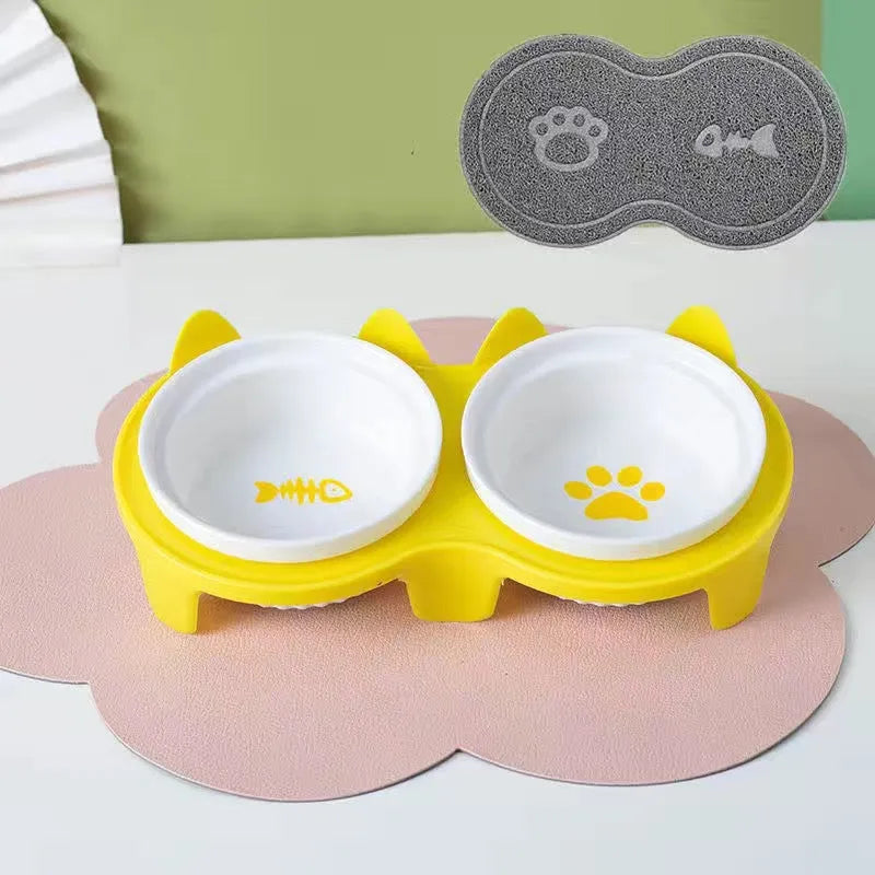 Pet Zen - Cat Bowl Ceramic Double Bowl Water Bowl Tall Diagonal Pet - 0