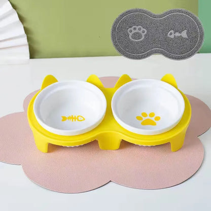Pet Zen - Cat Bowl Ceramic Double Bowl Water Bowl Tall Diagonal Pet - 0