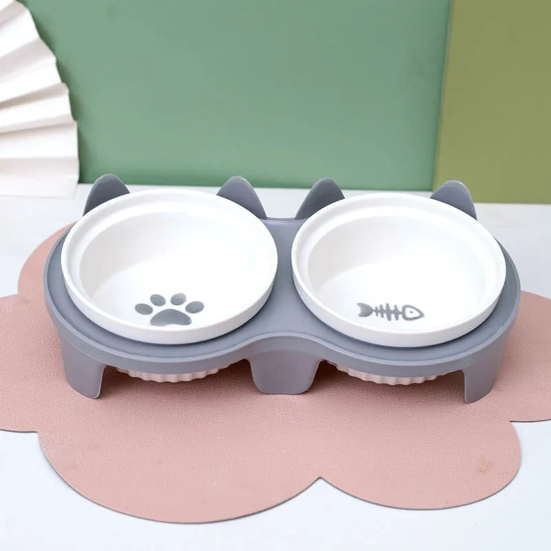Pet Zen - Cat Bowl Ceramic Double Bowl Water Bowl Tall Diagonal Pet - 0