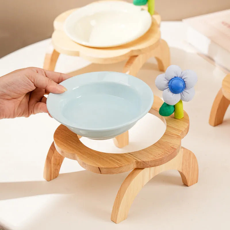 Pet Zen - Cat Food Bowl With Wood Holder Stand Flower Shaped Ceramic Food Dish Water Bowl Cat Feeding Drinking Plates Mult...