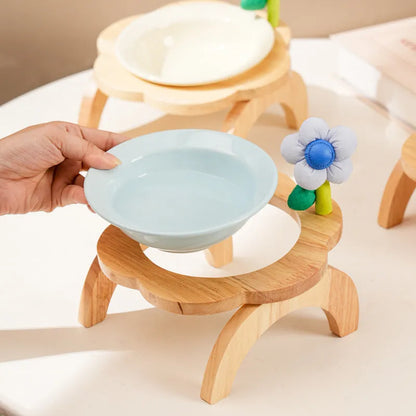 Pet Zen - Cat Food Bowl With Wood Holder Stand Flower Shaped Ceramic Food Dish Water Bowl Cat Feeding Drinking Plates Mult...