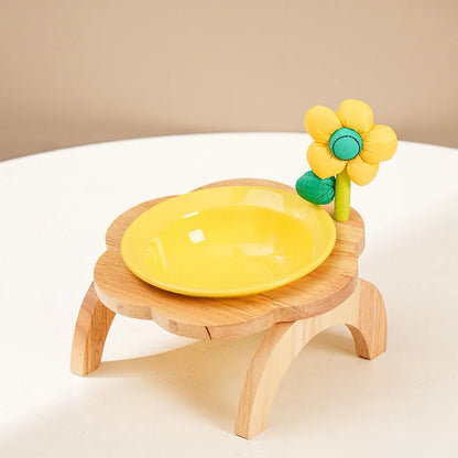 Pet Zen - Cat Food Bowl With Wood Holder Stand Flower Shaped Ceramic Food Dish Water Bowl Cat Feeding Drinking Plates Mult...