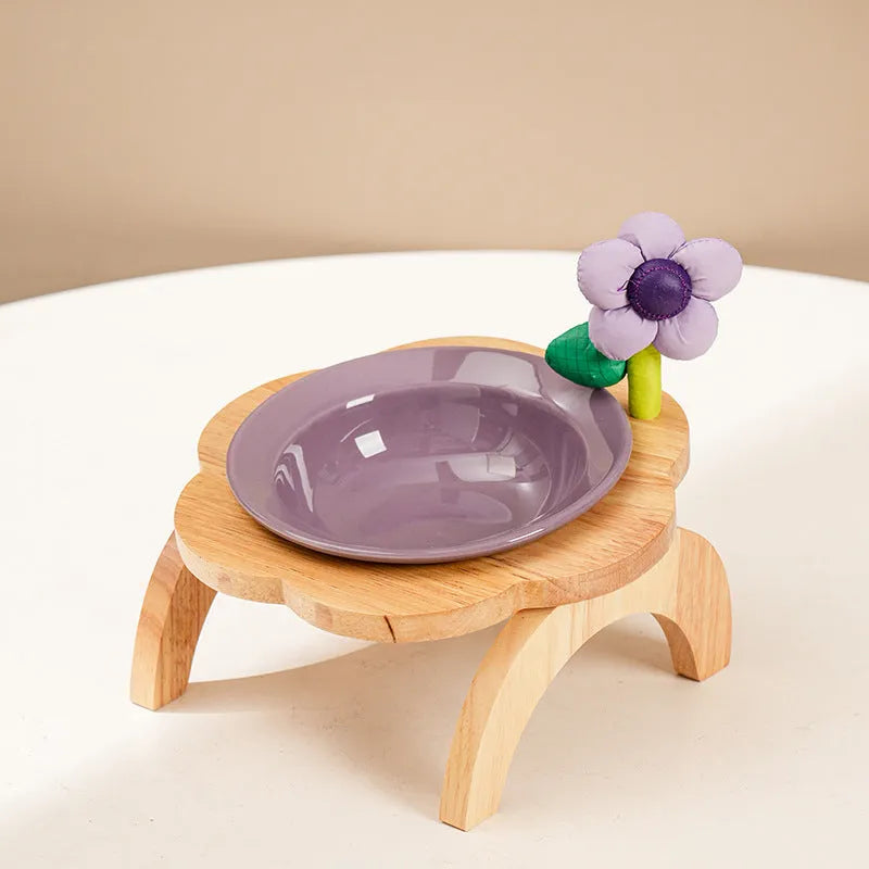 Pet Zen - Cat Food Bowl With Wood Holder Stand Flower Shaped Ceramic Food Dish Water Bowl Cat Feeding Drinking Plates Mult...