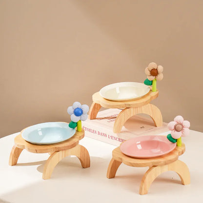 Pet Zen - Cat Food Bowl With Wood Holder Stand Flower Shaped Ceramic Food Dish Water Bowl Cat Feeding Drinking Plates Mult...