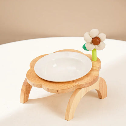 Pet Zen - Cat Food Bowl With Wood Holder Stand Flower Shaped Ceramic Food Dish Water Bowl Cat Feeding Drinking Plates Mult...