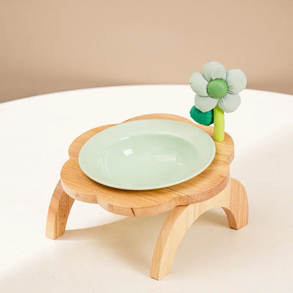 Pet Zen - Cat Food Bowl With Wood Holder Stand Flower Shaped Ceramic Food Dish Water Bowl Cat Feeding Drinking Plates Mult...